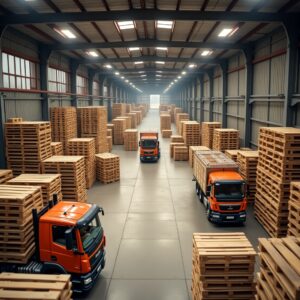 galpon grande con pallets y 3 camiones